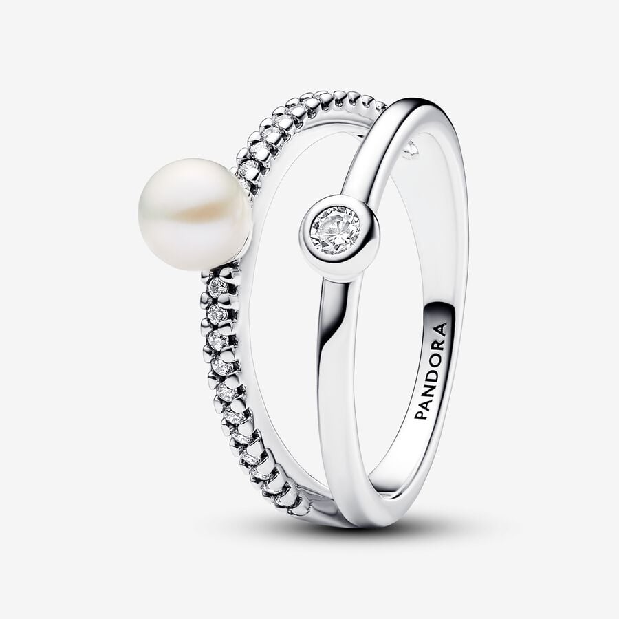 Pandora Treated Freshwater Cultured Pearl & Pavé Double Band Ring 193147C01