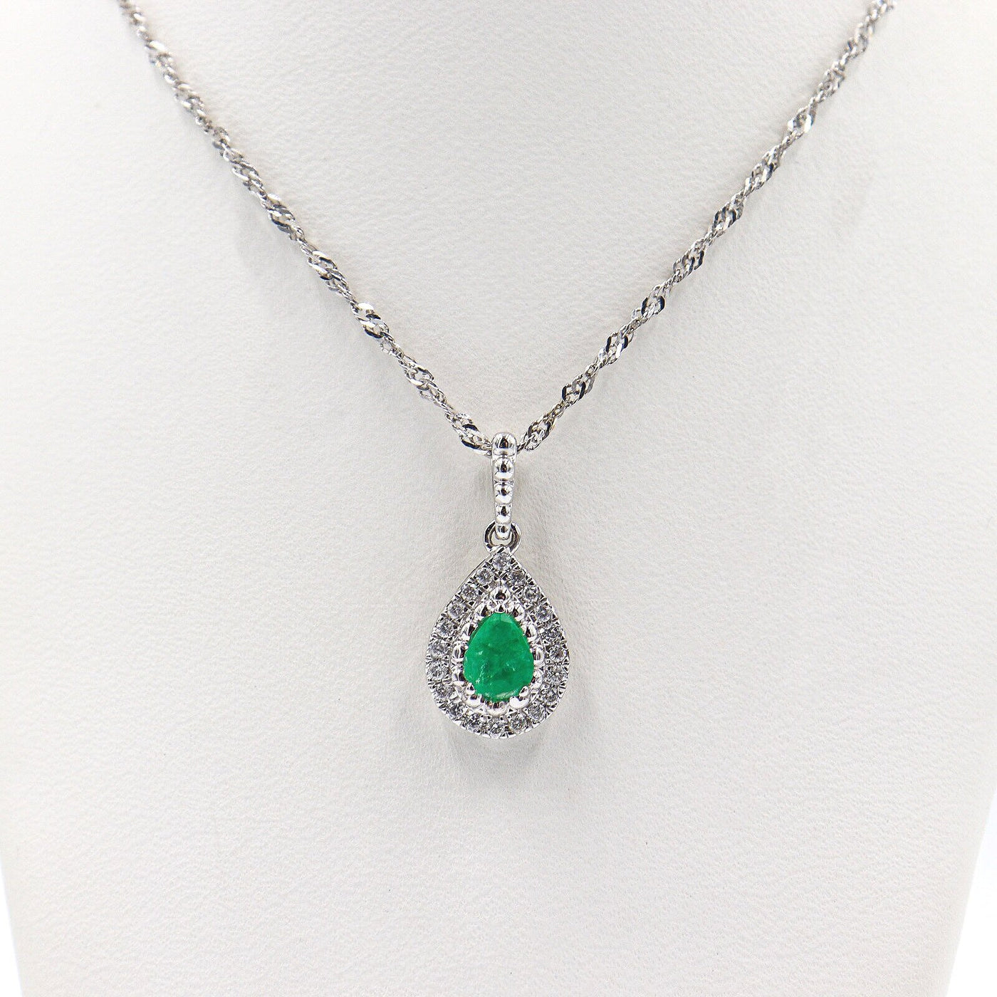 14 Karat White Gold Emerald and Diamond Teardrop Necklace
