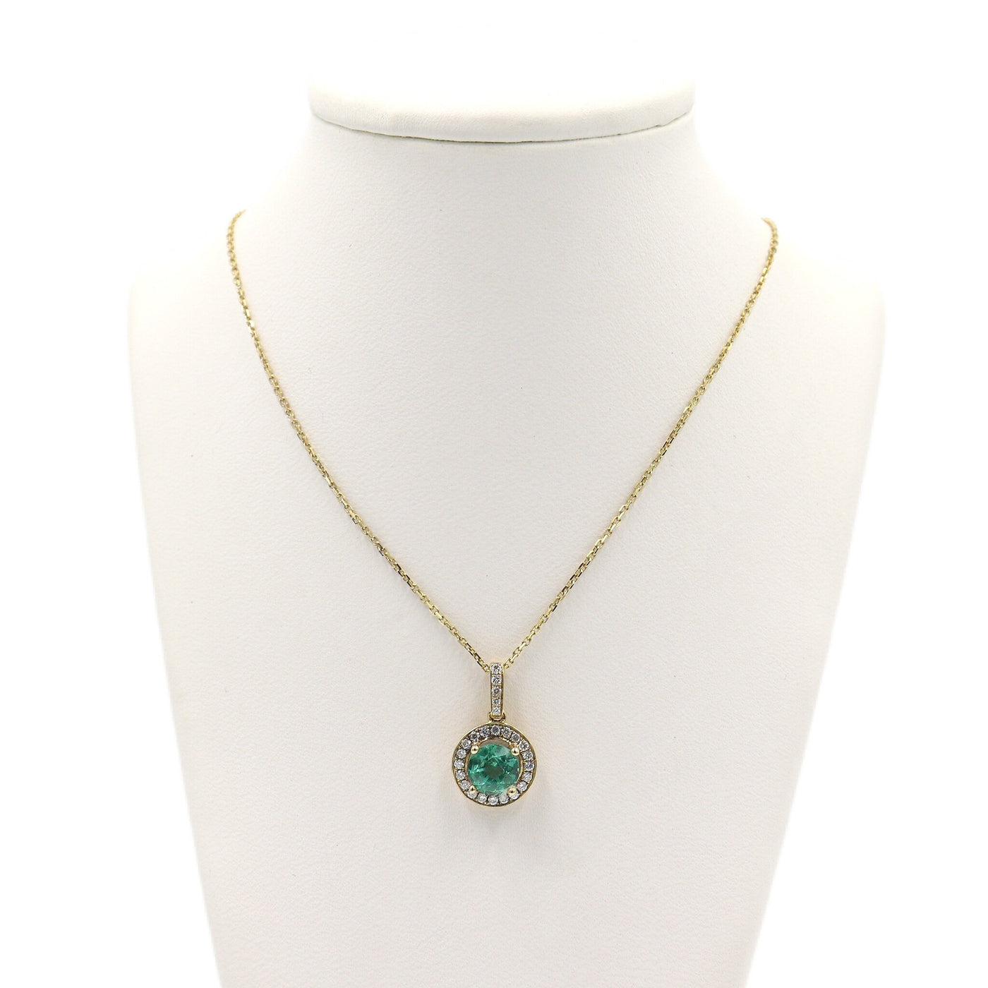 14 Karat Gold Emerald and Diamond Halo Necklace