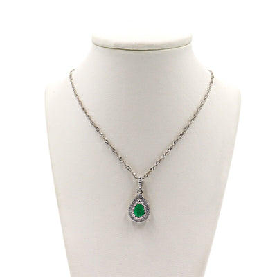 14 Karat White Gold Emerald and Diamond Teardrop Necklace