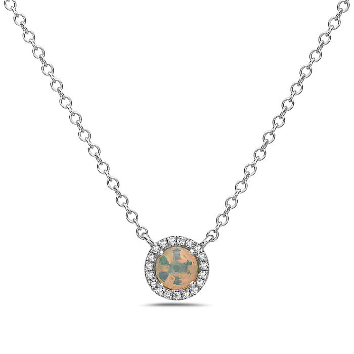 14 Karat White Gold Opal and Diamond Mini Round Necklace