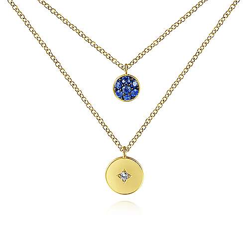 Gabriel & Co. 14 Karat Yellow Gold Sapphire Pave and Diamond Disc Necklace