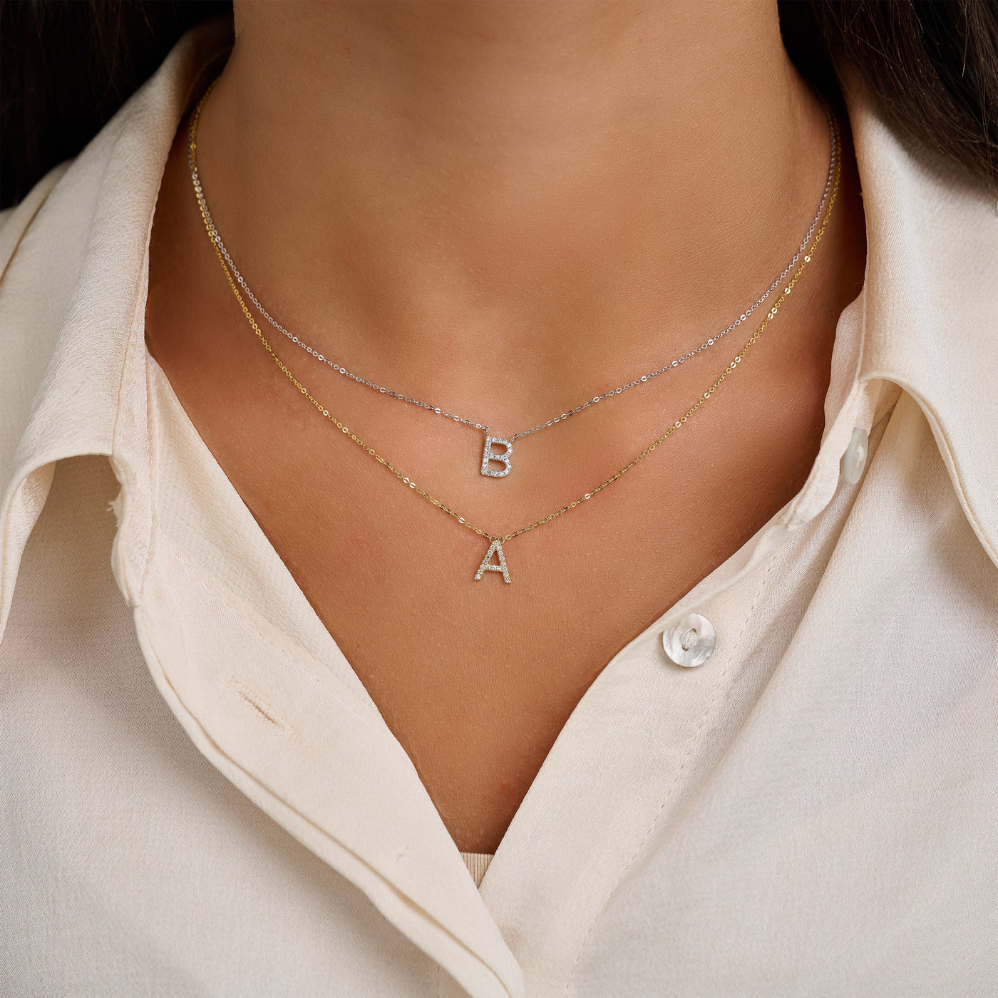10 Karat White Gold Diamond Block Initial Necklace