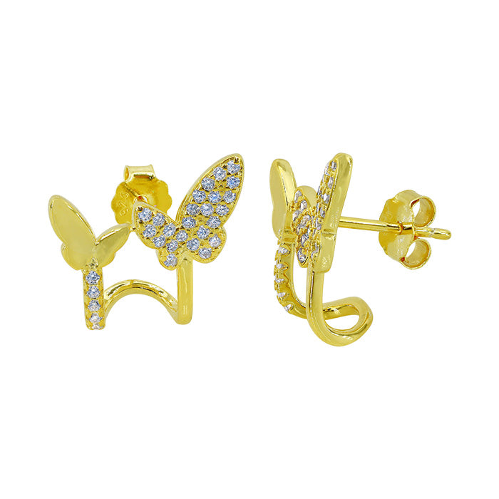 Sterling Silver Gold Plated Cubic Zirconia Butterfly Cuff Earrings