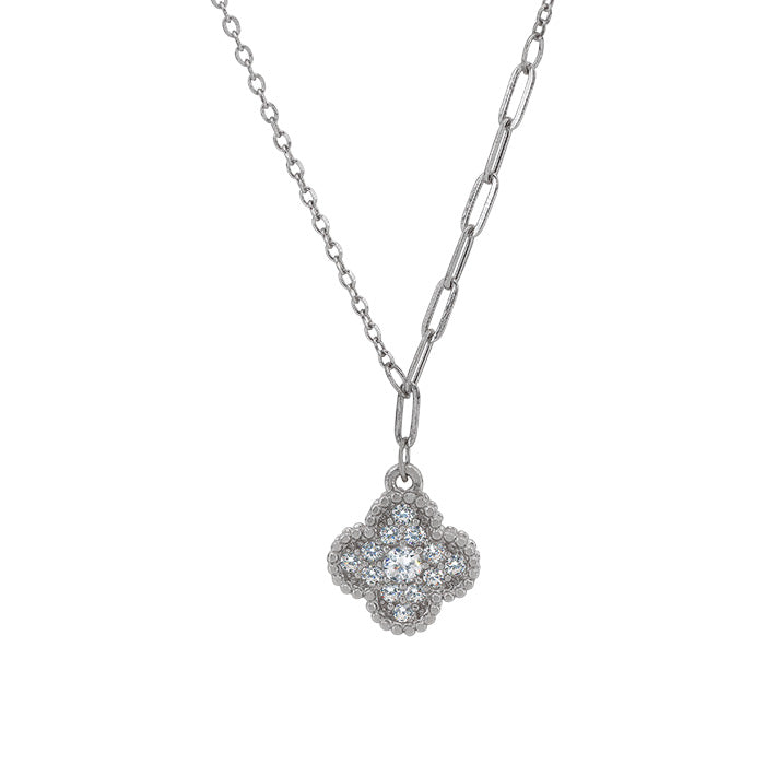 Sterling Silver Zirconia Clover Paperclip Necklace