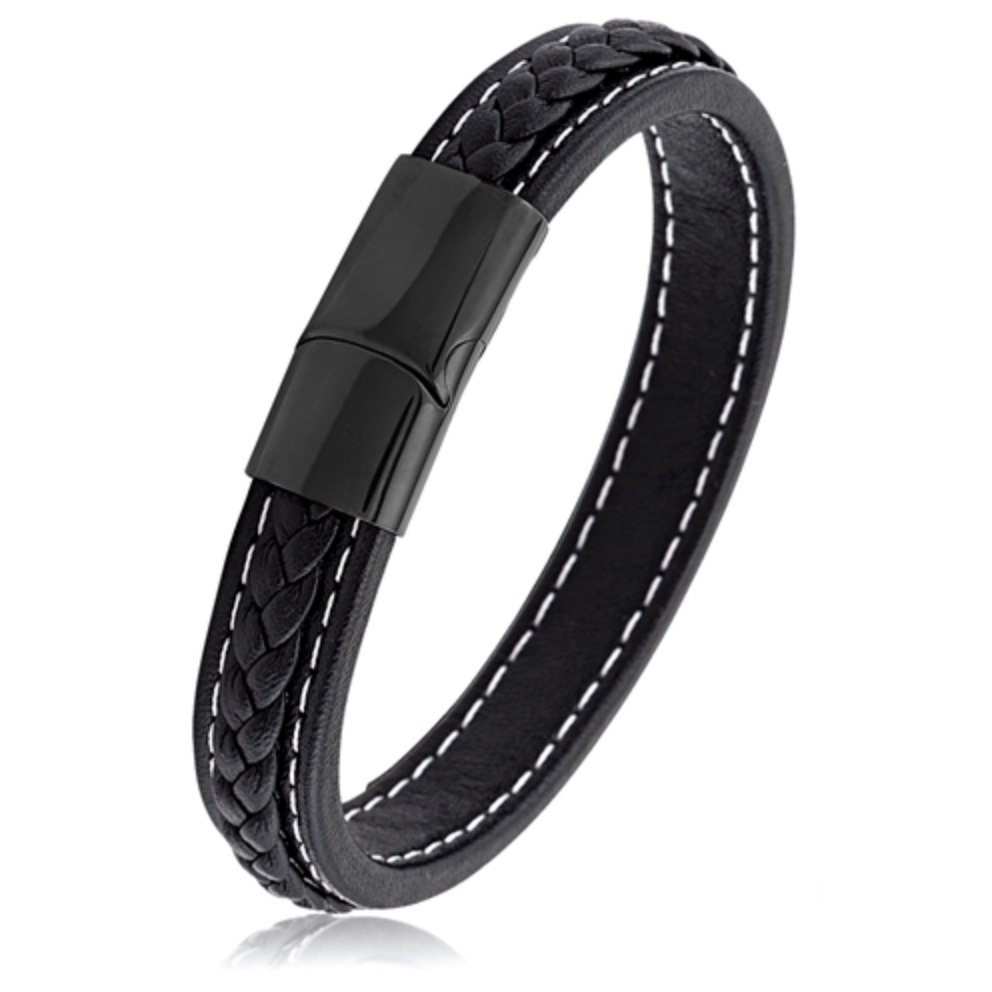 Stainless Steel Black Braided Leather Bracelet