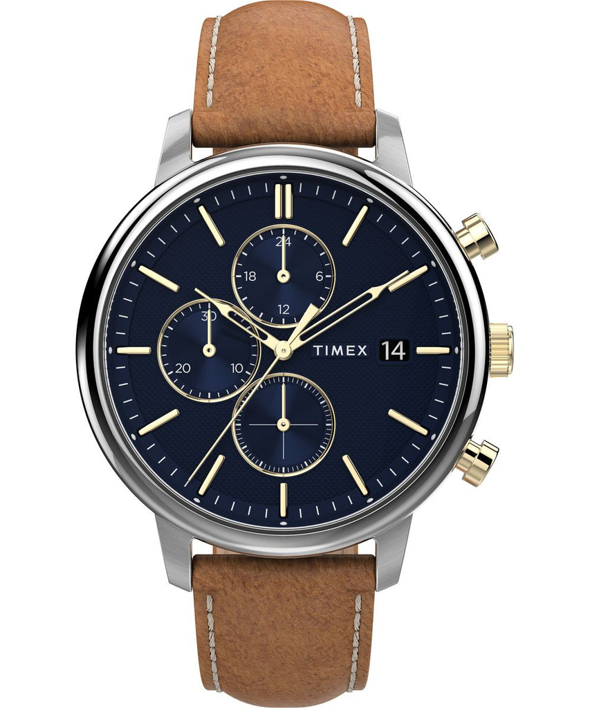 Timex Chicago Chrono 45mm Silver-tone Case Blue Dial Brown Leather Strap - TW2U39000