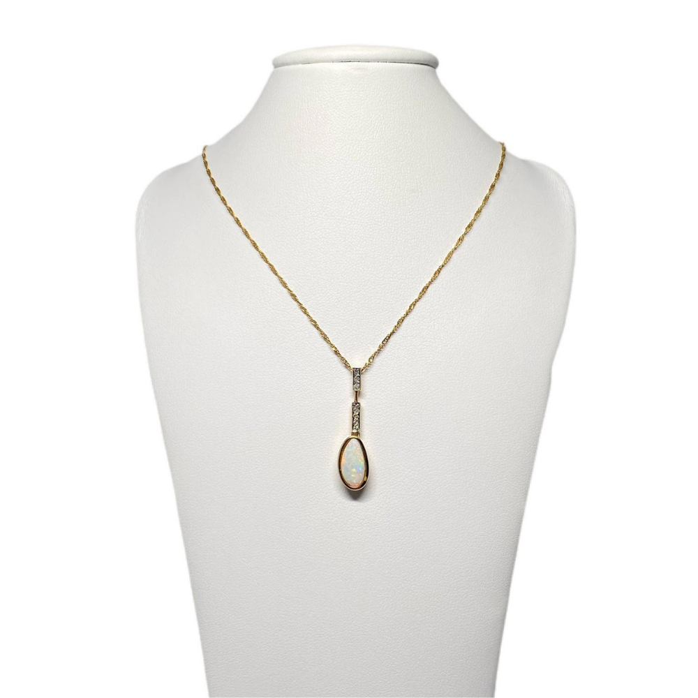 14 Karat Yellow Gold Opal and Diamond Necklace with 10 Karat Chain