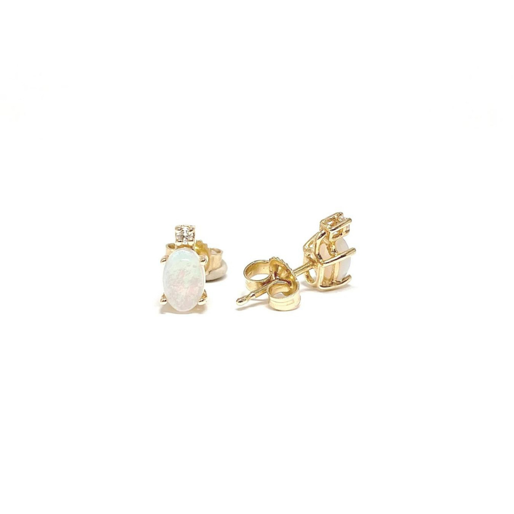 10 Karat Yellow Gold Opal and Diamond Stud Earrings