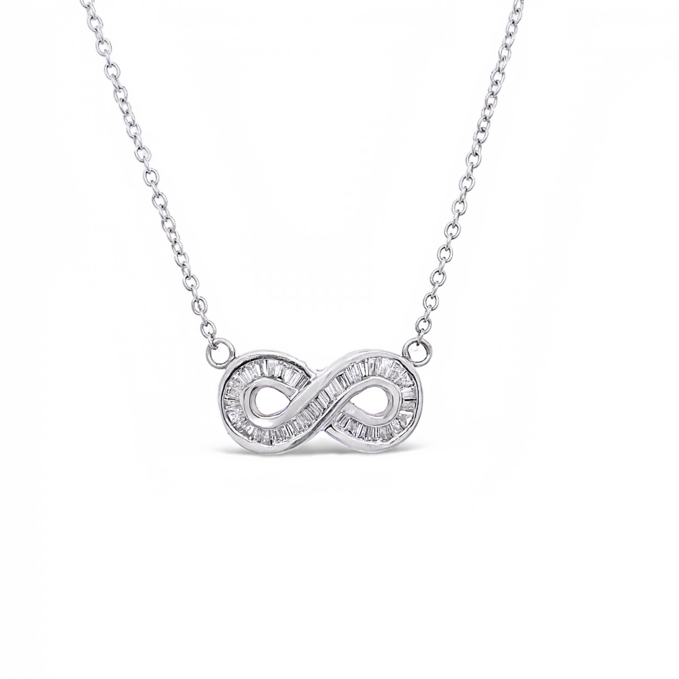 14 Karat White Gold Baguette Diamond Infinity Necklace