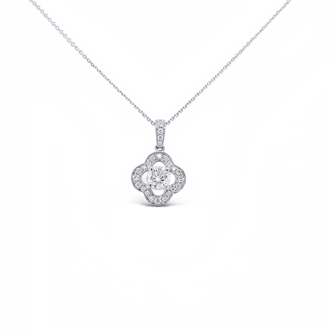 14 Karat White Gold Diamond Clover Necklace