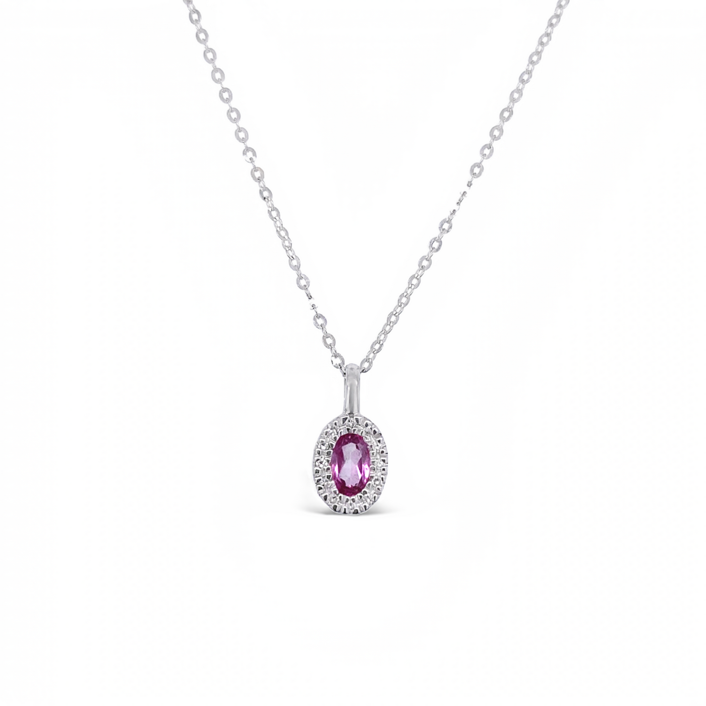 10 Karat White Gold Pink Tourmaline and Diamond Oval Necklace