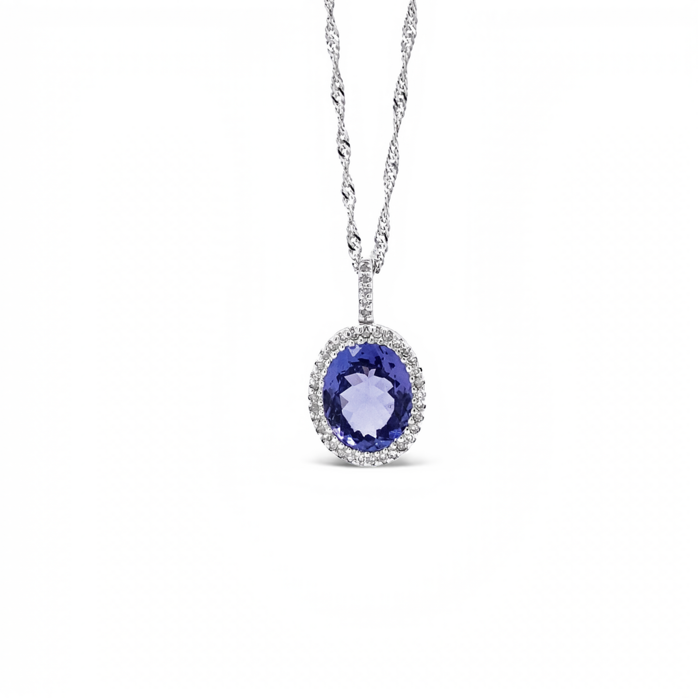 10 Karat White Gold Diamond and Tanzanite Oval Halo Necklace