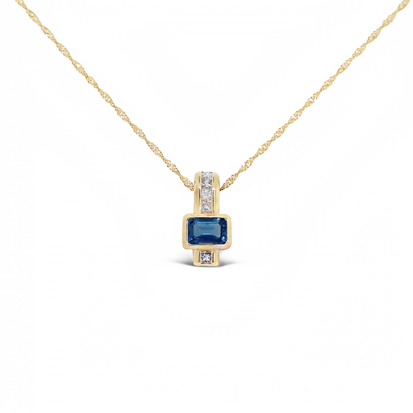 14 Karat Yellow Gold Blue Topaz and Diamond Geometric Necklace