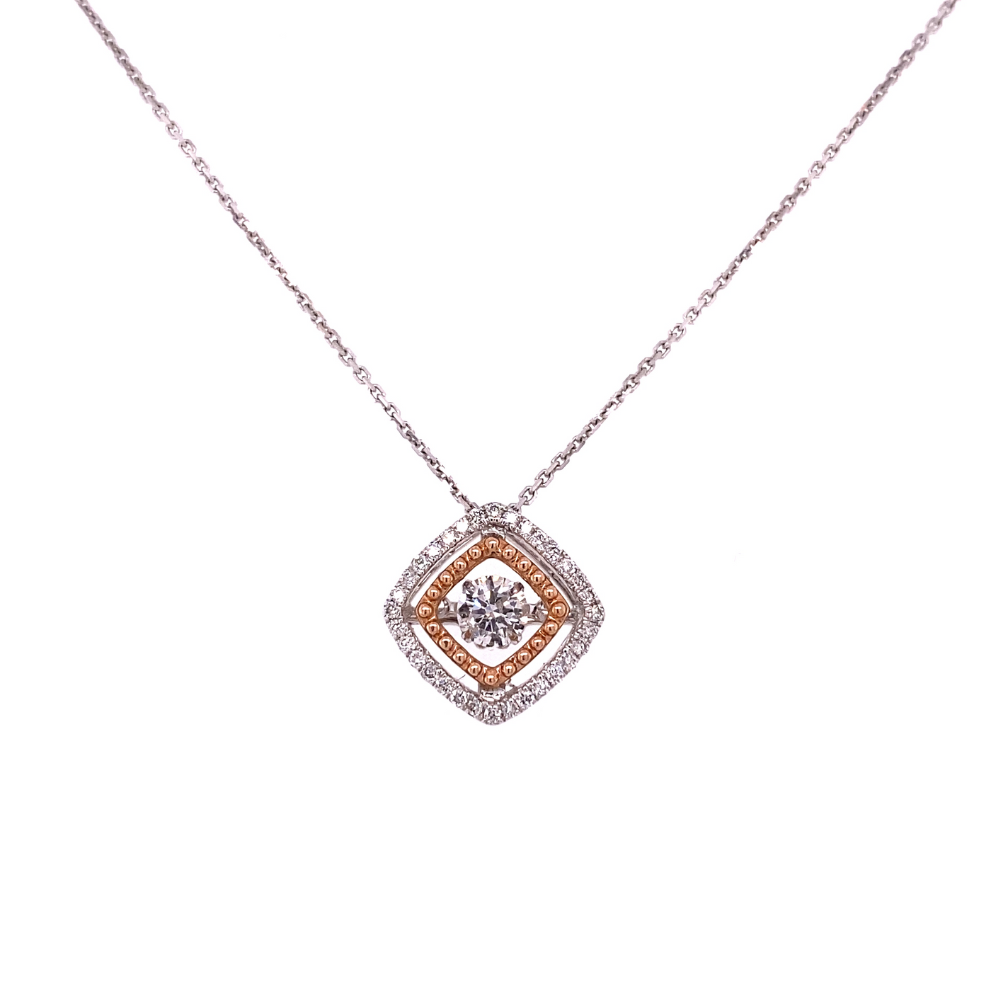 10 Karat White and Rose Gold Dancing Diamond Necklace