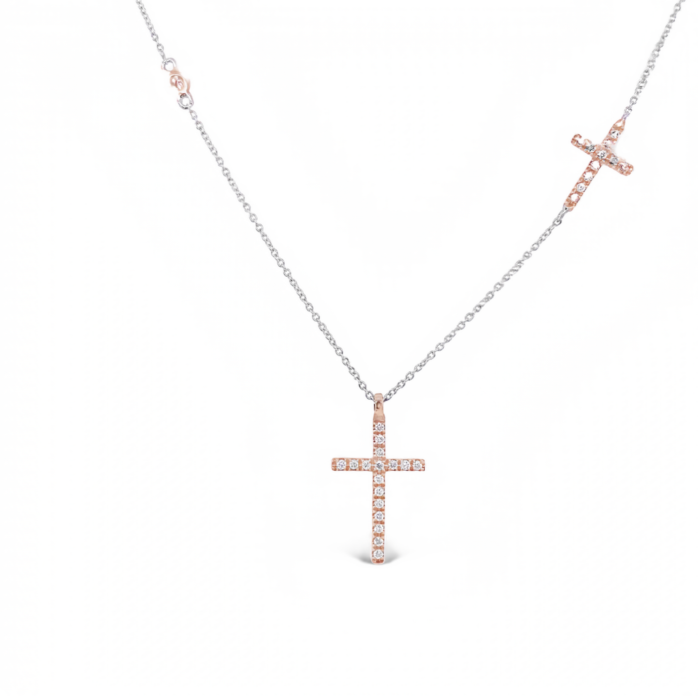 18 Karat White and Rose Gold Double Diamond Cross Necklace