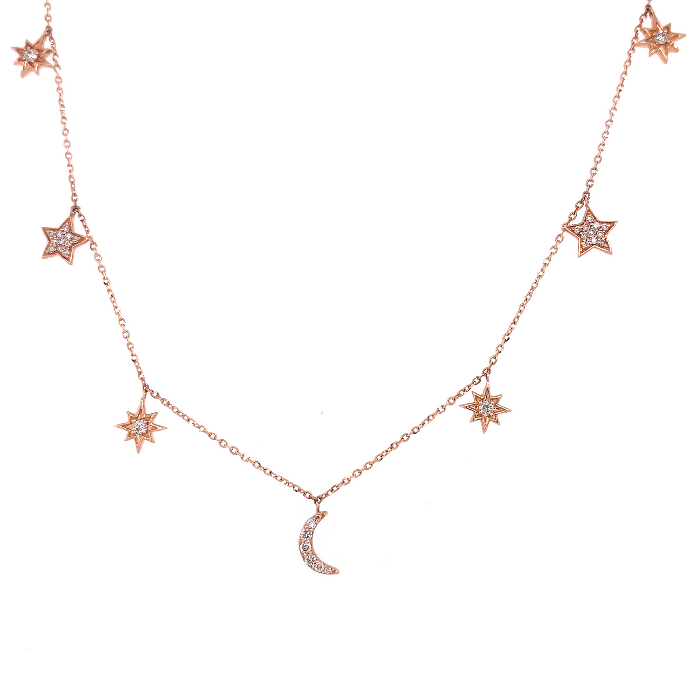 14 Karat Rose Gold Diamond Moon & Stars Necklace