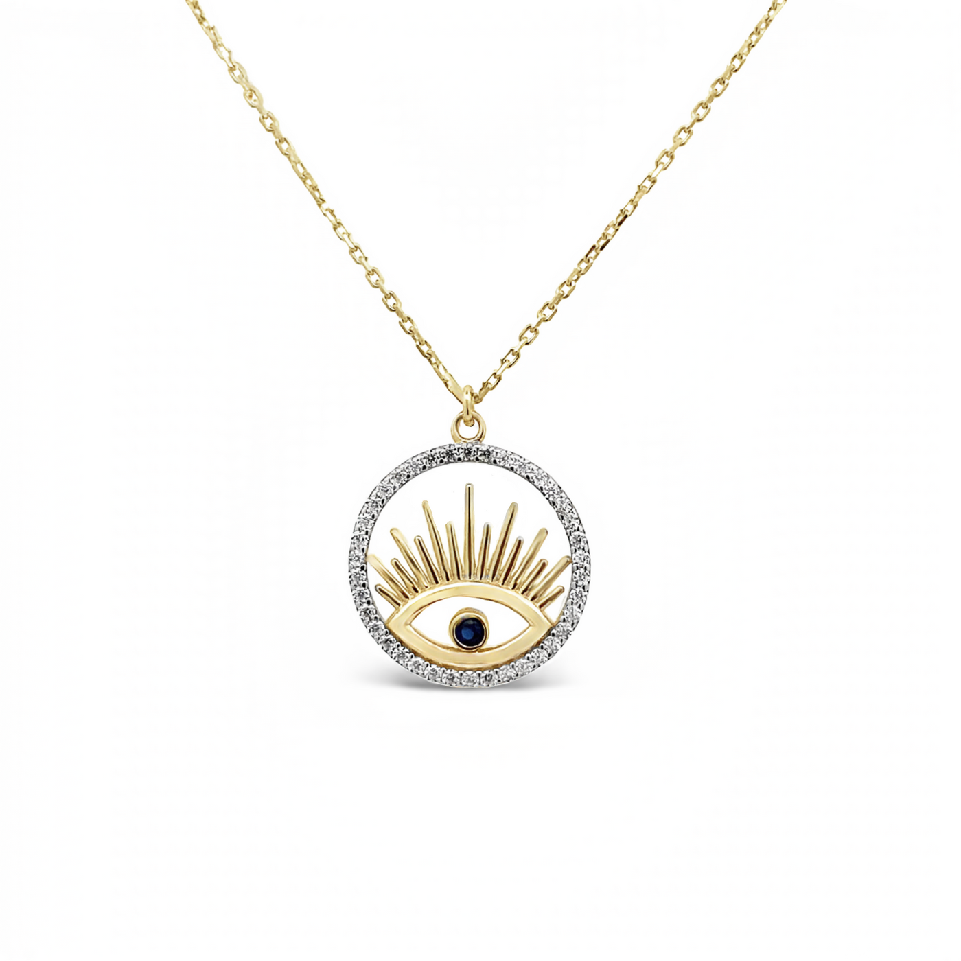 10 Karat Yellow Gold Evil Eye Disc Cubic Necklace