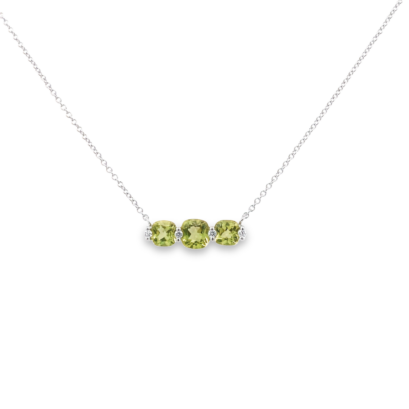 14 Karat White Gold Diamond and Peridot Triple Stone Necklace