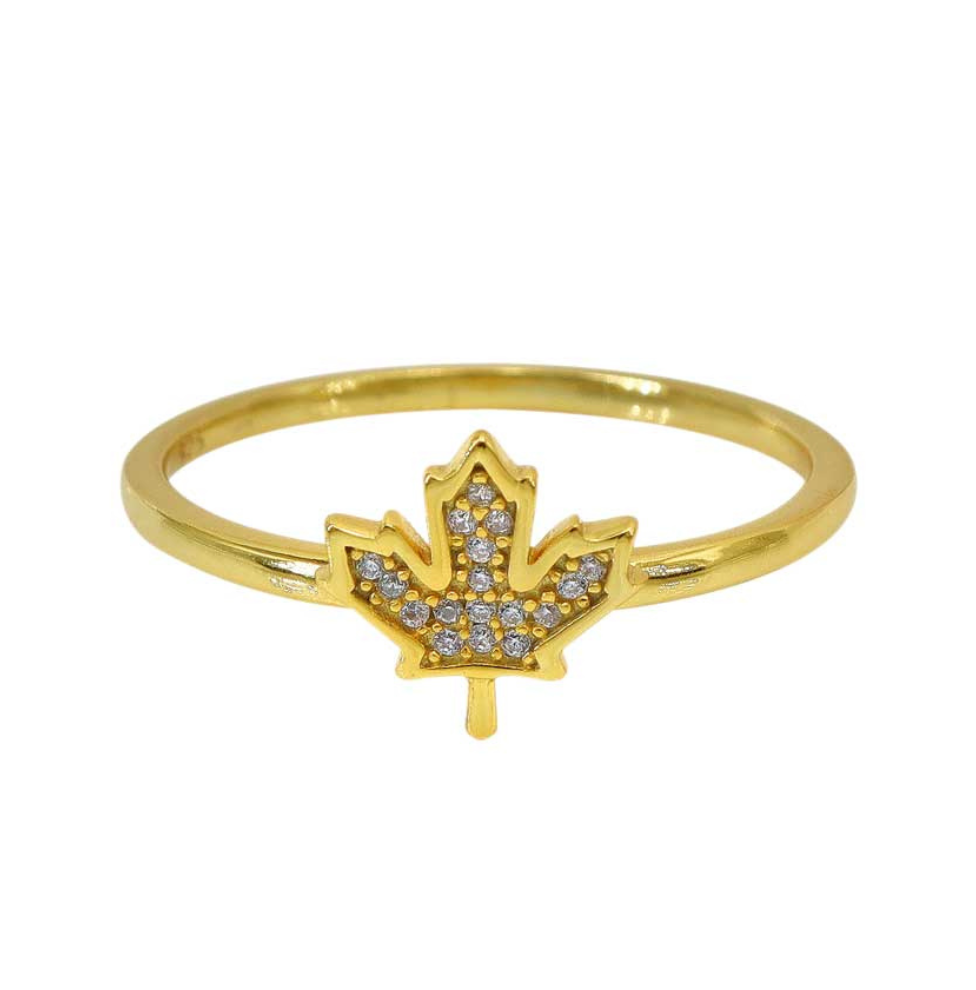 Sterling Silver Gold Cubic Zirconia Maple Leaf Ring