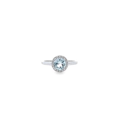 14 Karat White Gold Aquamarine and Diamond Round Halo Ring