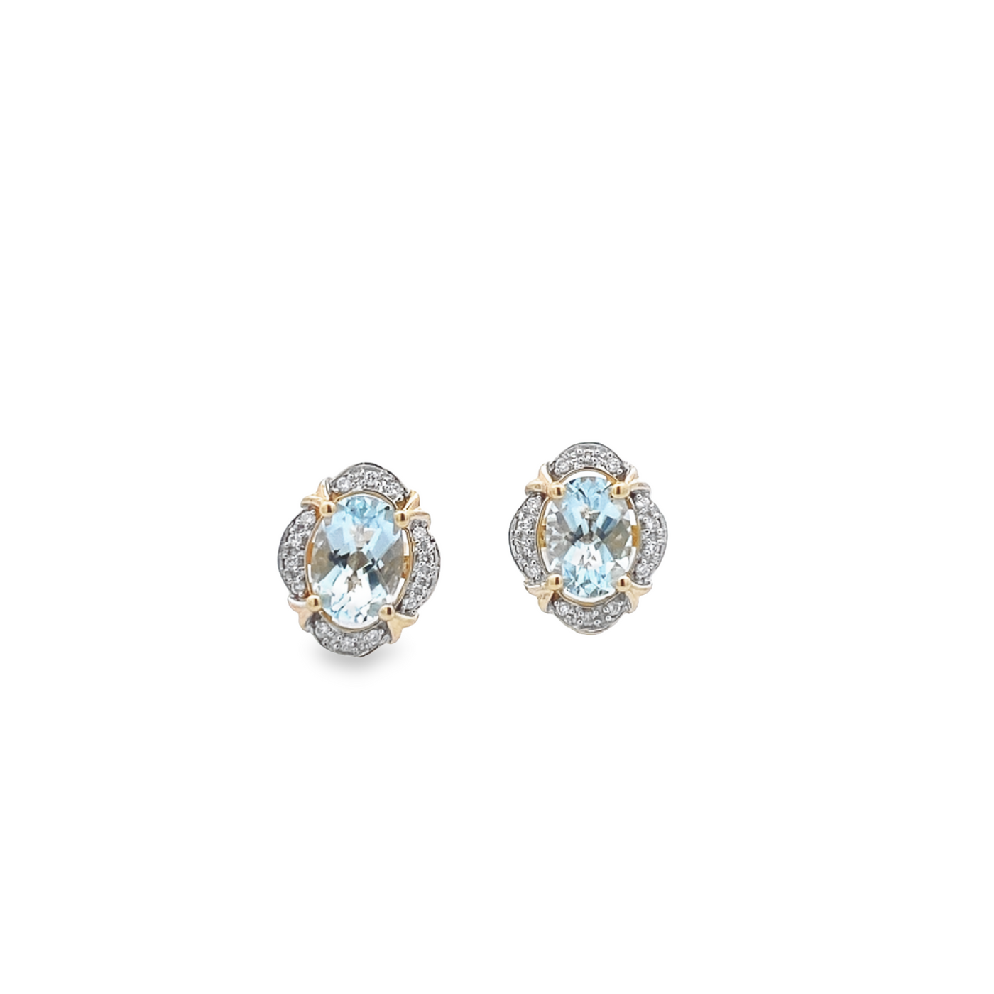 14 Karat Yellow Gold Aquamarine and Diamond Stud Earrings