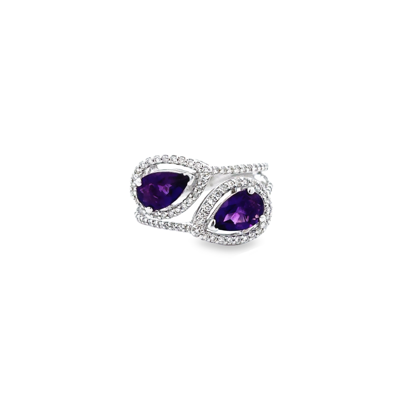 14 Karat White Gold Amethyst and Diamond Double Pear Shape Ring