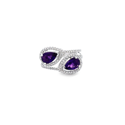 14 Karat White Gold Amethyst and Diamond Double Pear Shape Ring
