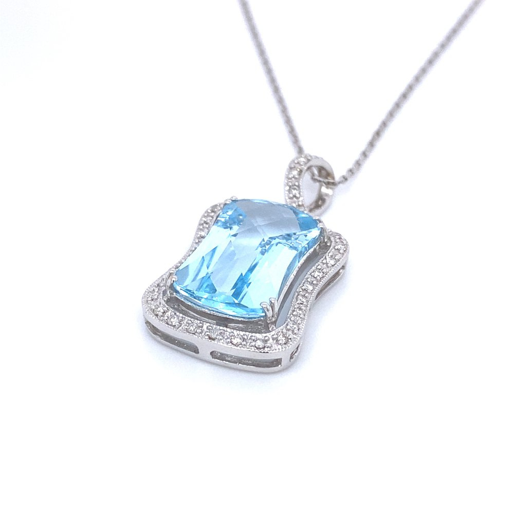 14 Karat White Gold Blue Topaz and Diamond Necklace