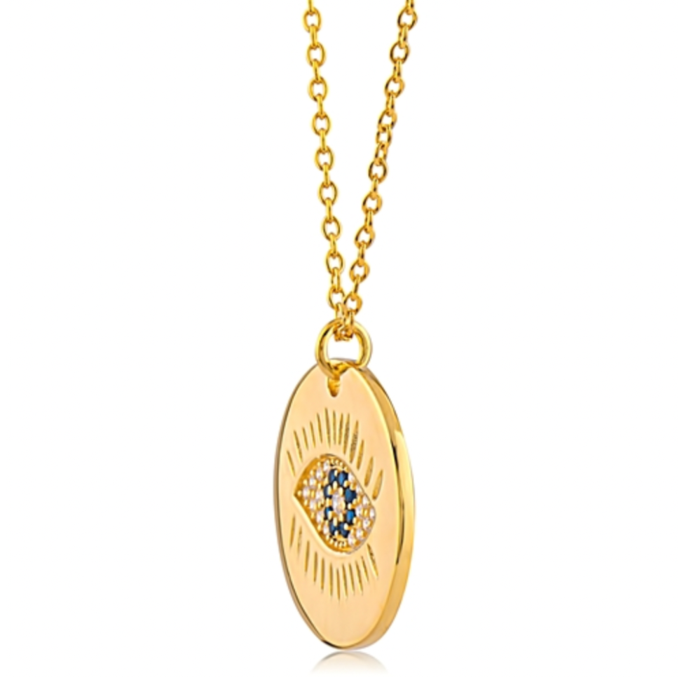 Gold Plated Silver and Cubic Zirconia Evil Eye Disk Necklace
