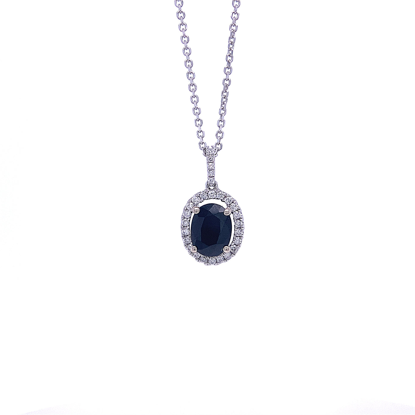 14 Karat White Gold Sapphire and Diamond Oval Halo Necklace