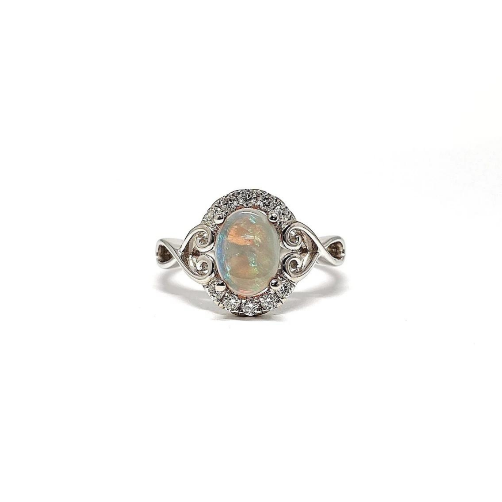 14 Karat White Gold Australian Opal and Diamond Ring