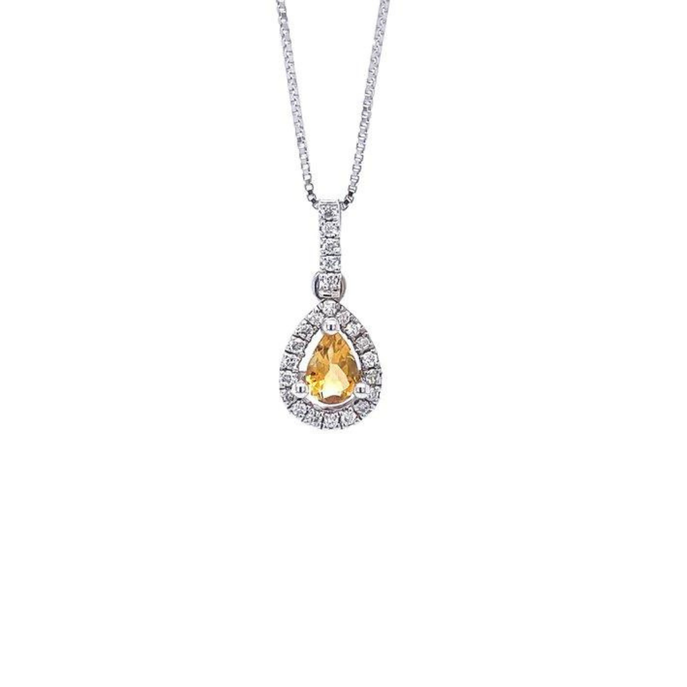 14 Karat White Gold Teardrop Citrine and Diamond Necklace
