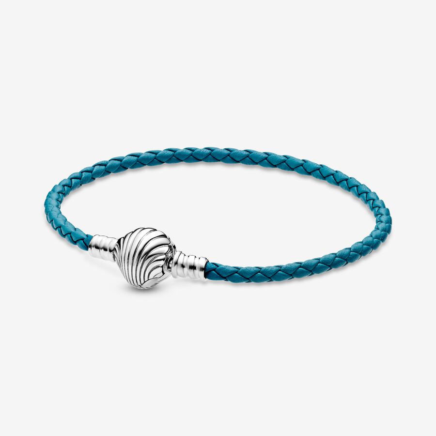 Pandora Seashell Clasp Turquoise Braided Leather Bracelet - 598951C01