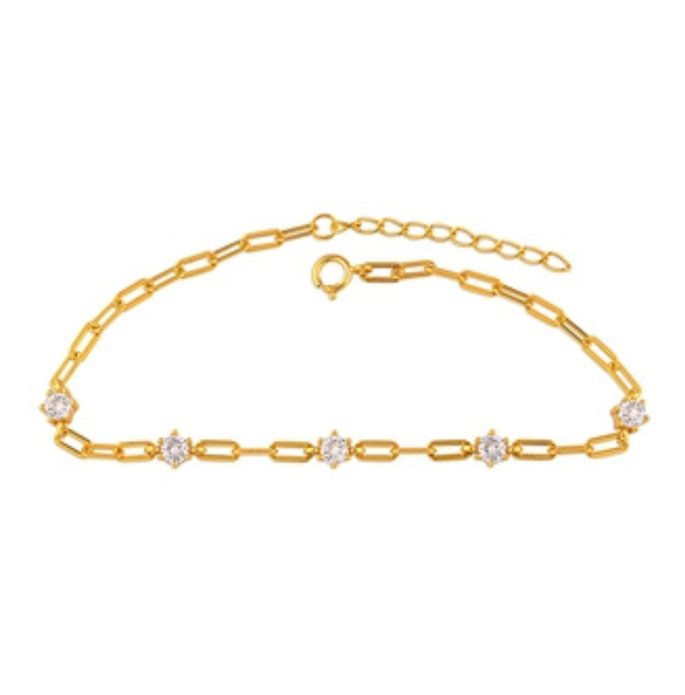 Gold Plated Cubic Zirconia Sterling Silver Paper Clip Bracelet