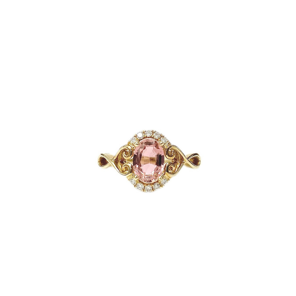 14 Karat Yellow Gold Pink Tourmaline and Diamond Ring with Heart Accents