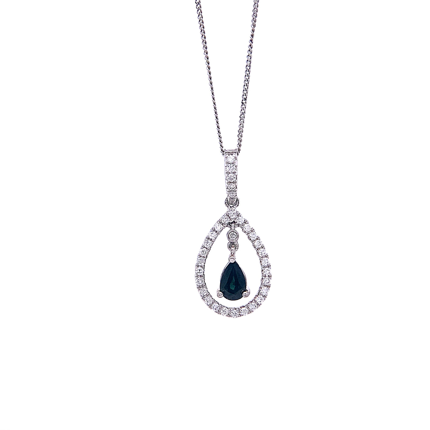 14 Karat White Gold Diamond and Sapphire Teardrop Necklace