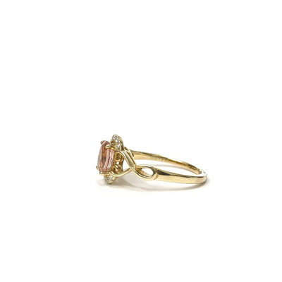 14 Karat Yellow Gold Pink Tourmaline and Diamond Ring with Heart Accents