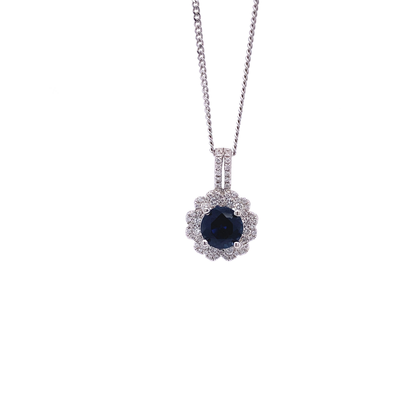 18 Karat White Gold Sapphire and Diamond Floral Halo Necklace