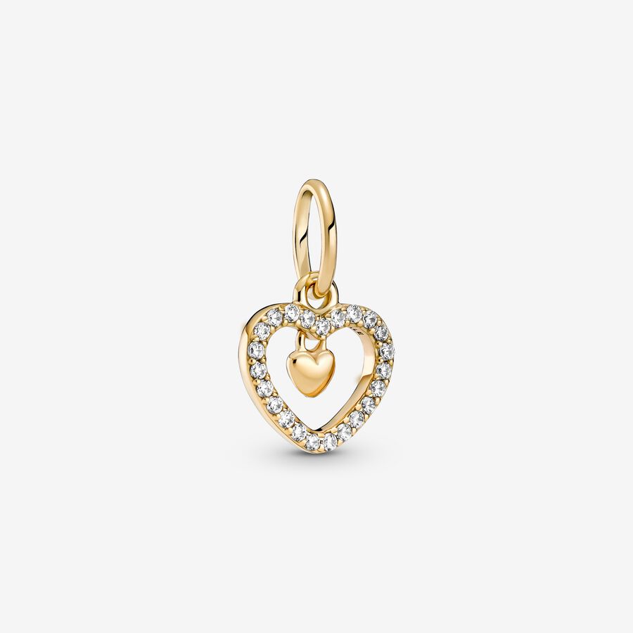 Pandora 14 Karat Gold Sparkling Double Heart Dangle Charm- 759142C01