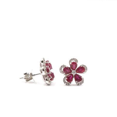 18 Karat White Gold Diamond and Ruby Flower Stud Earrings