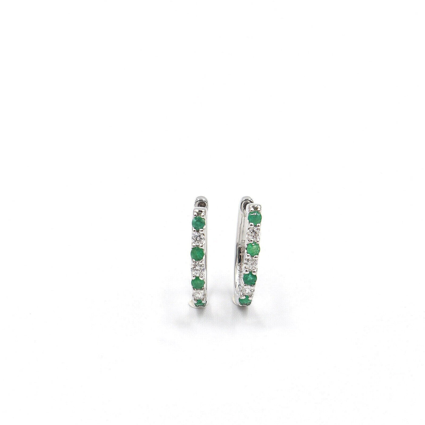 14 Karat White Gold Emerald and Diamond Hoop Earrings