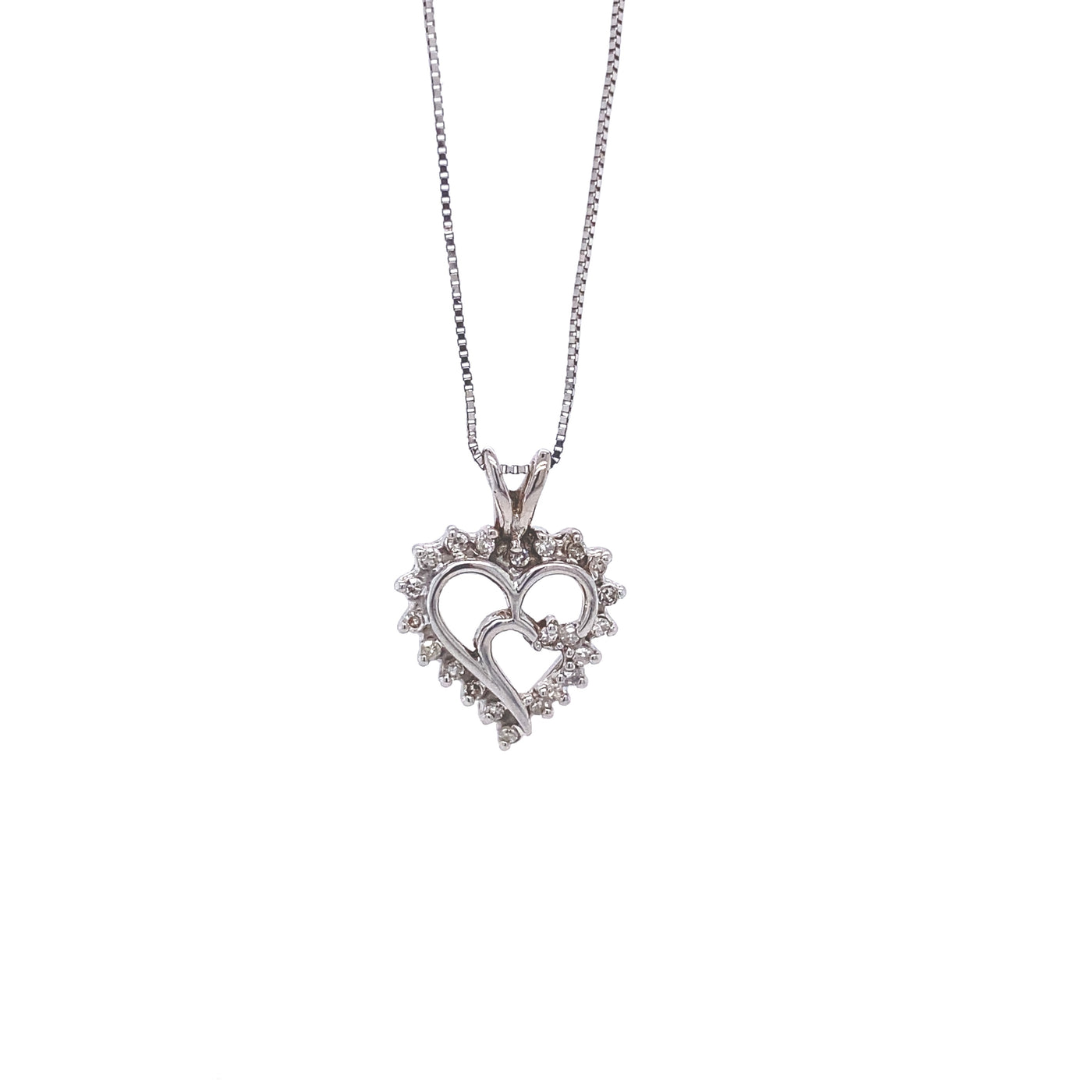 10 Karat White Gold Double Heart Diamond Necklace