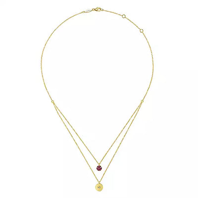 Gabriel & Co. 14 Karat Yellow Gold Ruby Pave and Diamond Disc Necklace