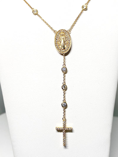 18 Karat Yellow Gold Rosary Necklace with Cubic Zirconia Stones