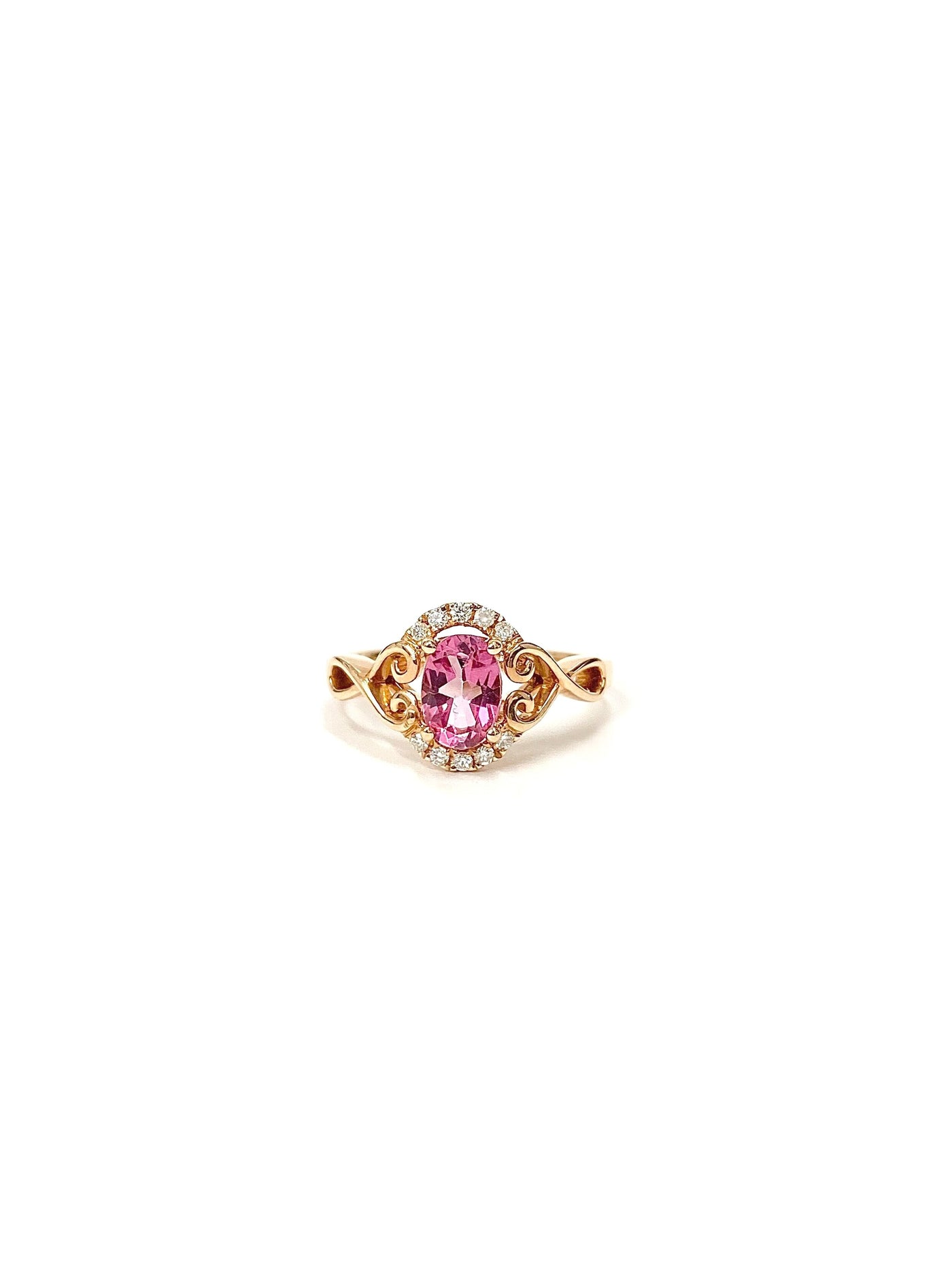 14 Karat Rose Gold Pink Topaz and Diamond Ring with Heart Accents