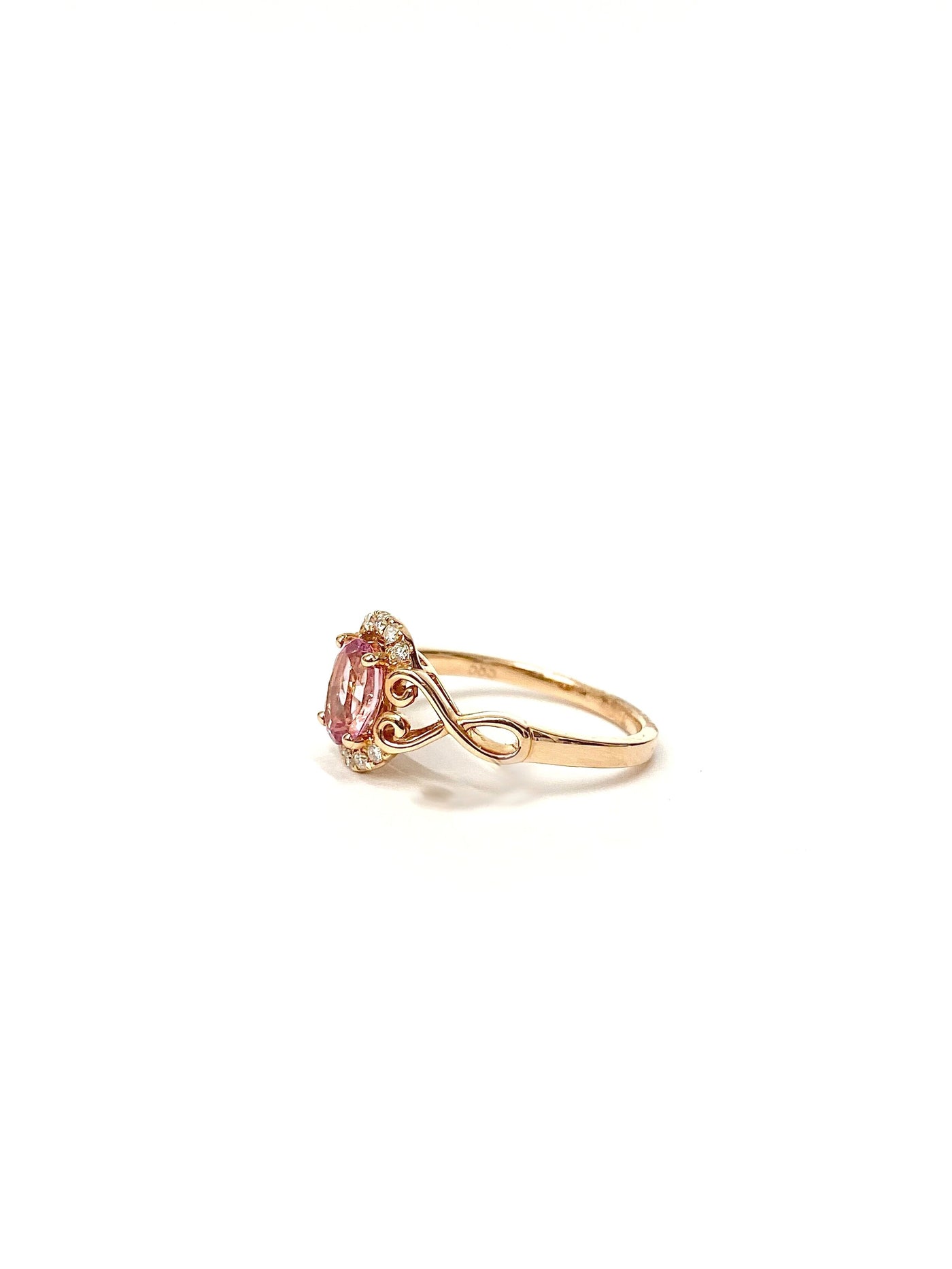 14 Karat Rose Gold Pink Topaz and Diamond Ring with Heart Accents