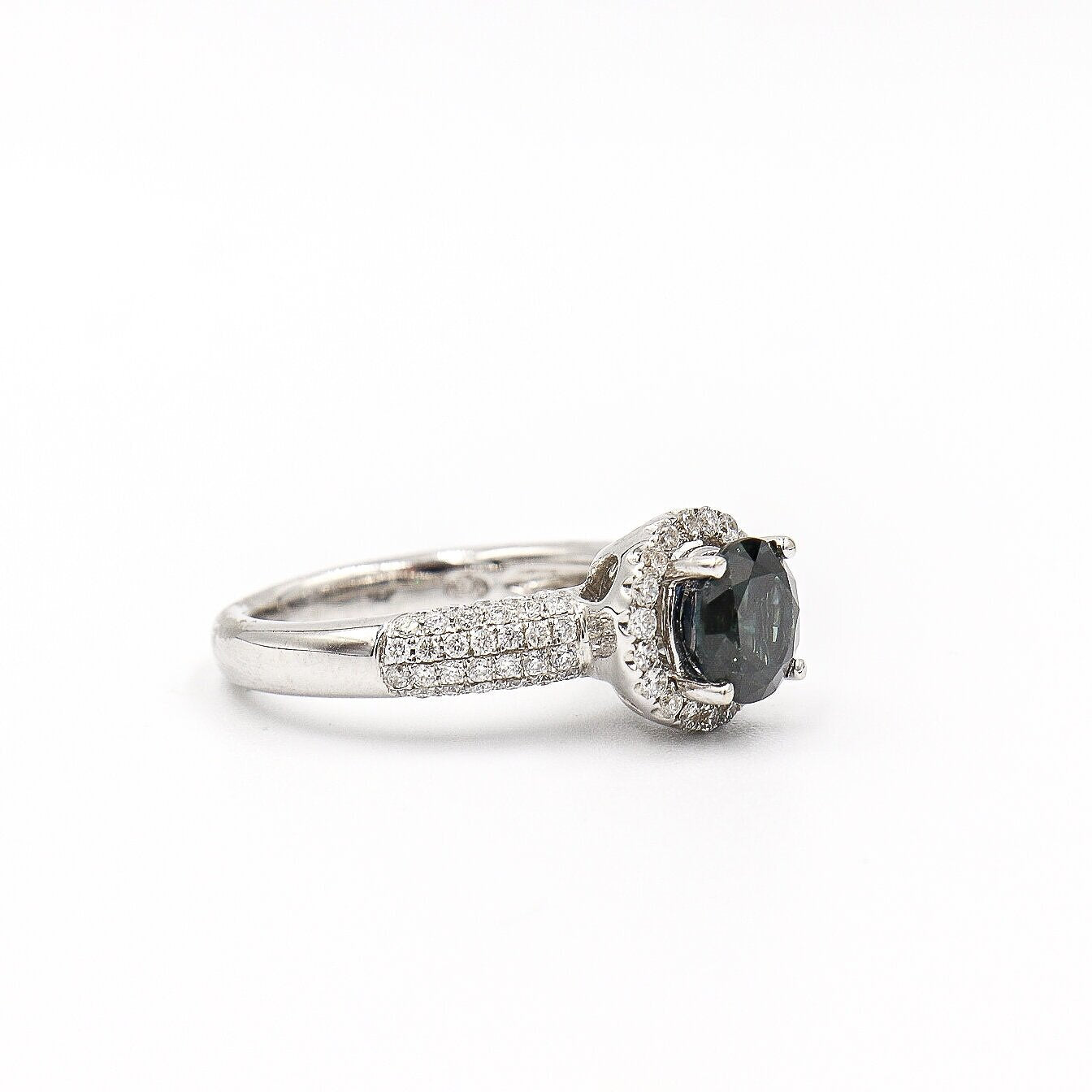 18 Karat White Gold Sapphire and Pave Diamond Halo Ring