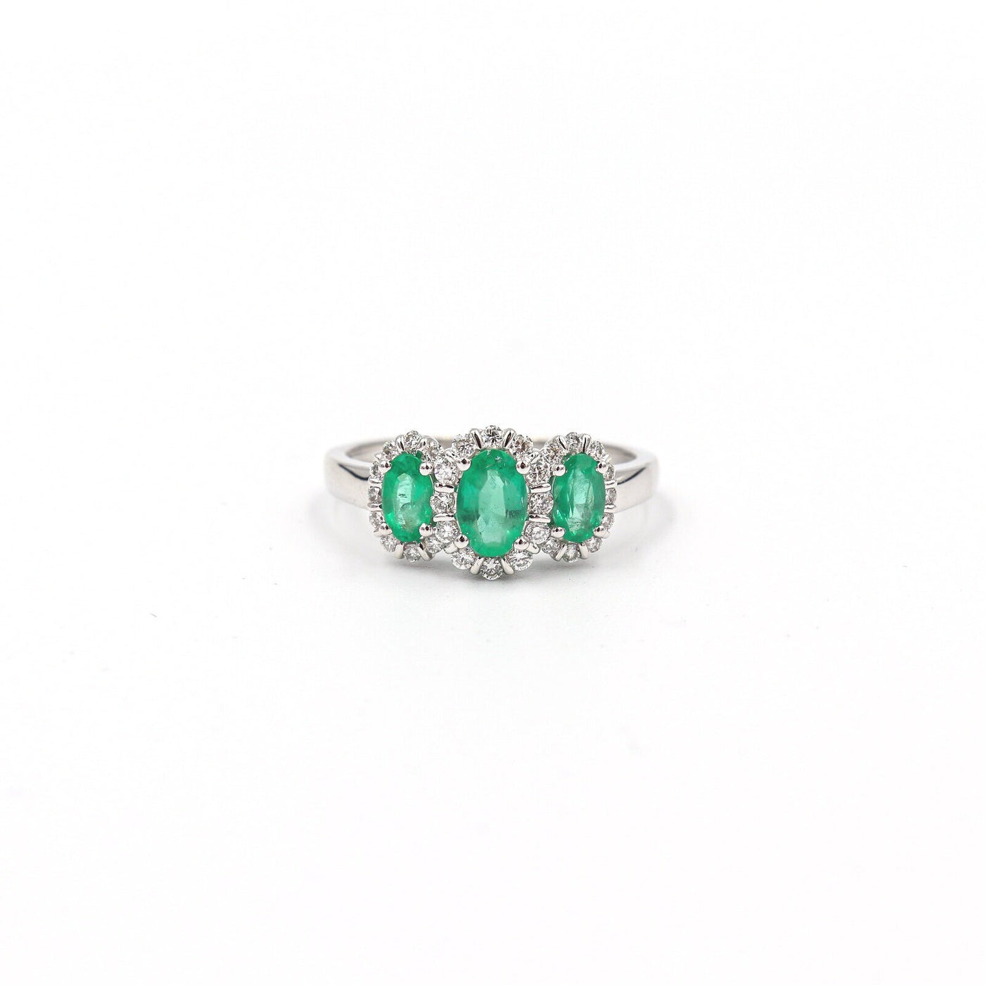 14 Karat White Gold Emerald and Diamond Oval Three Stone Ring