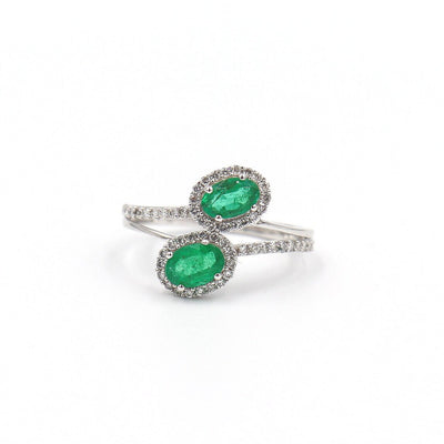 10 Karat White Gold Emerald and Diamond Two Stone Ring